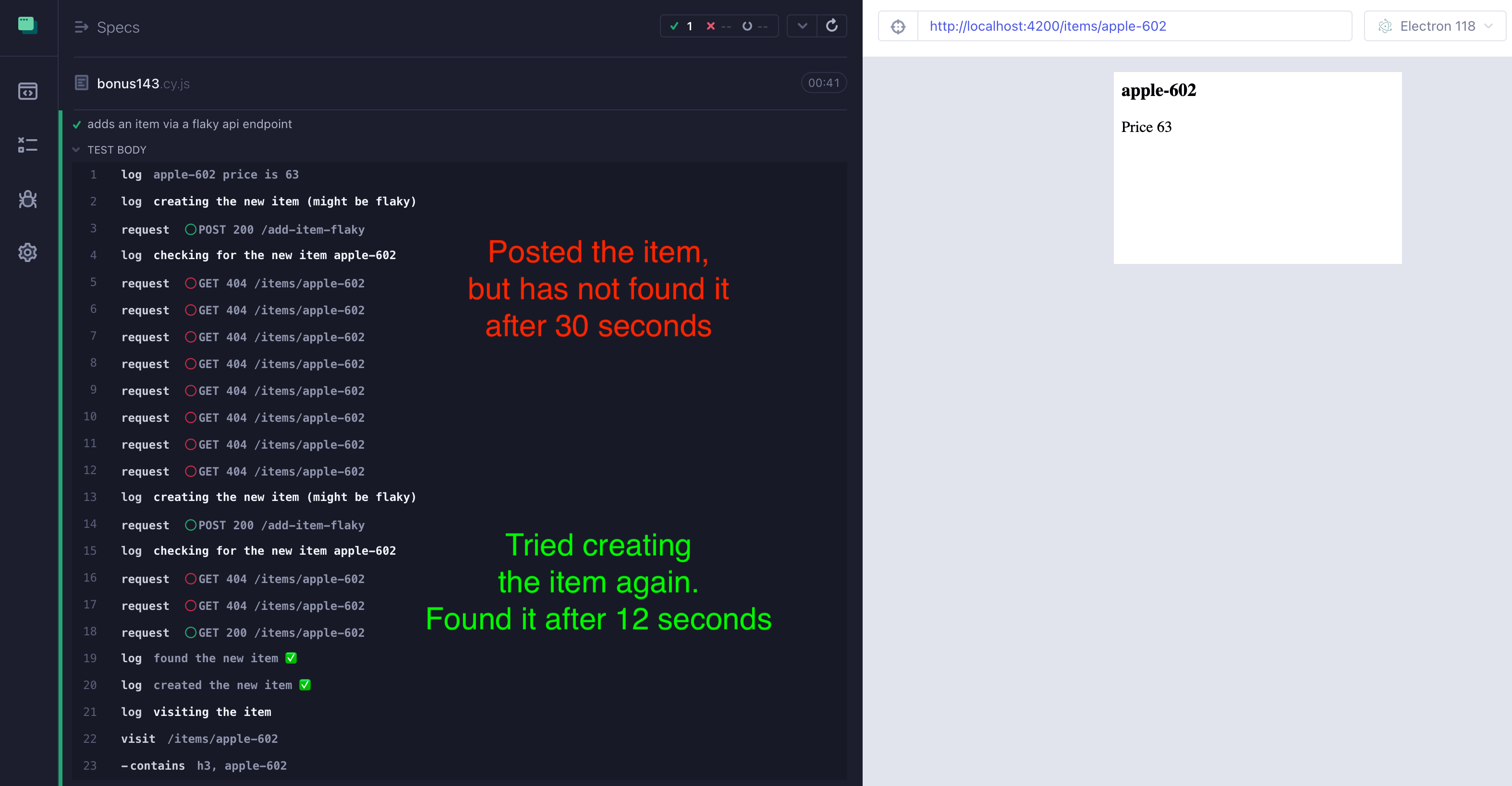 The test code retried creating an item and was successful on the second attempt