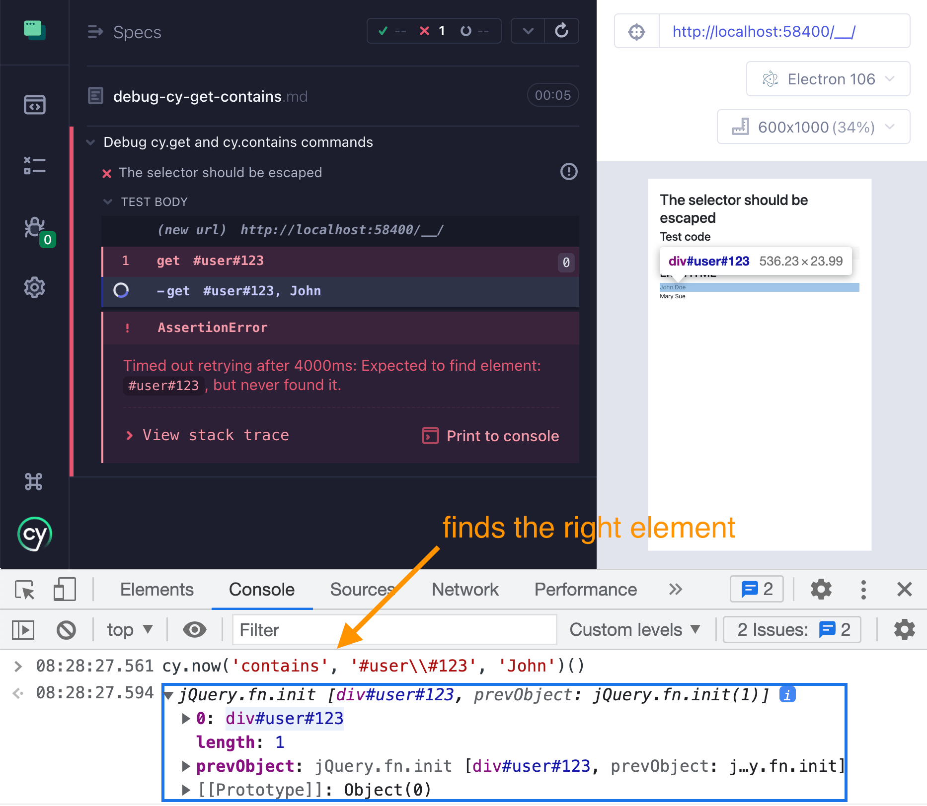 Call the cy.contains command from the DevTools via cy.now