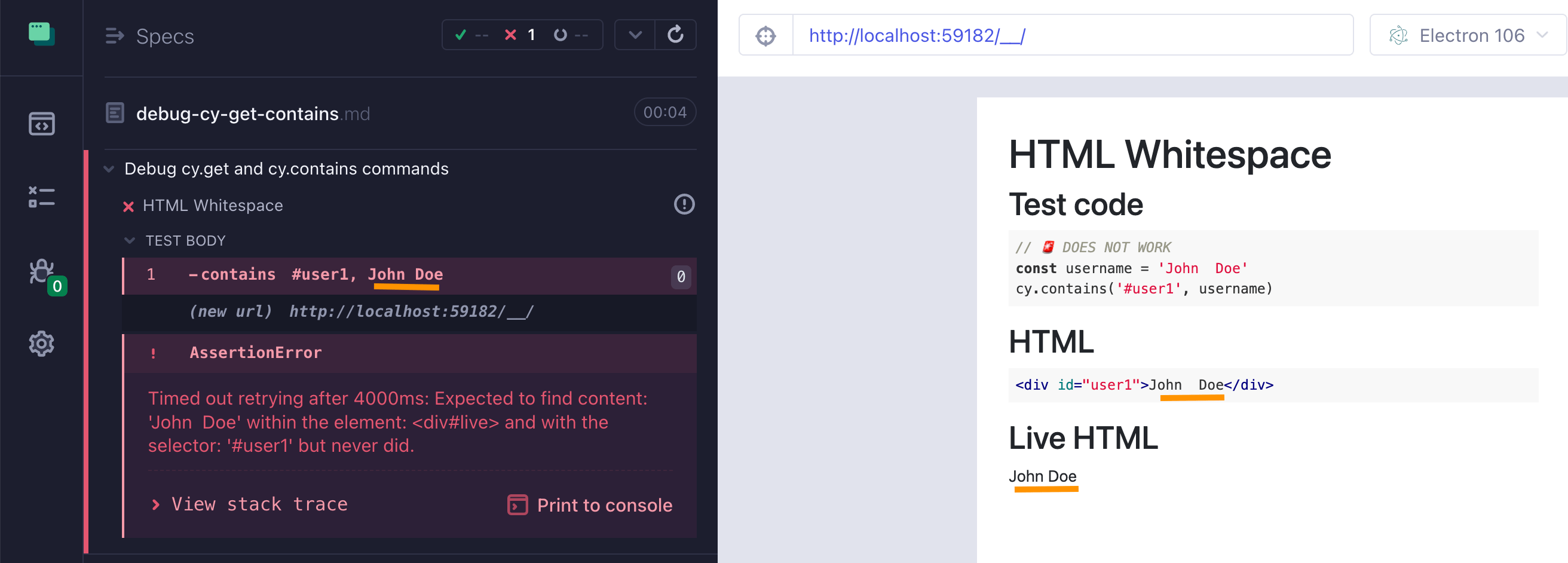 The test fails to find text when there are multiple spaces between words