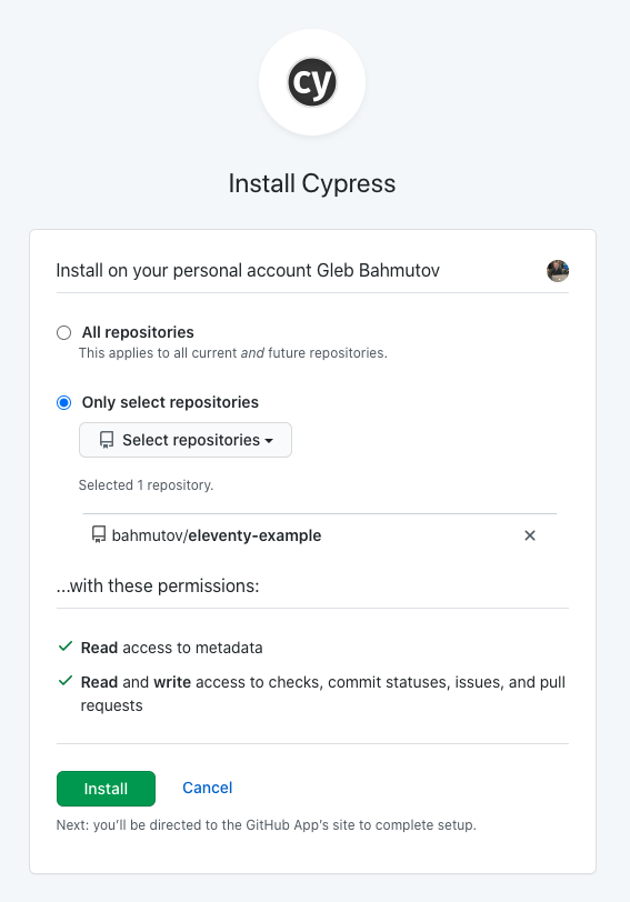 Installing Cypress GitHub App
