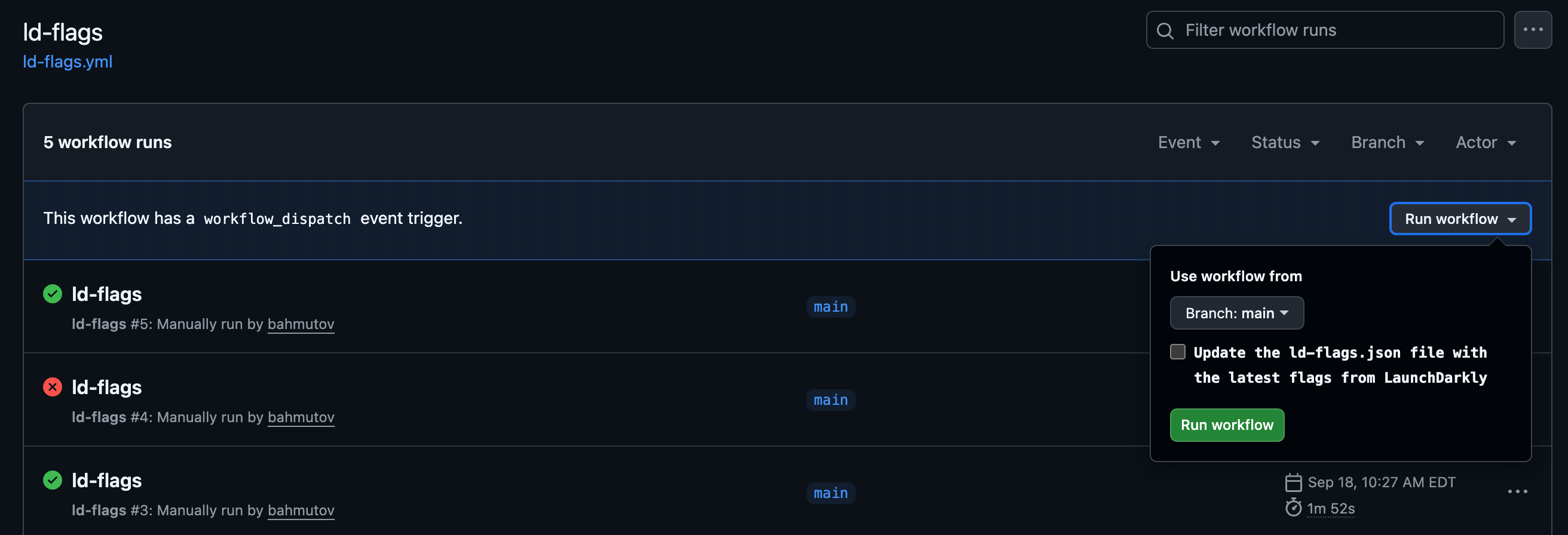 Launching the workflow to update the flags file