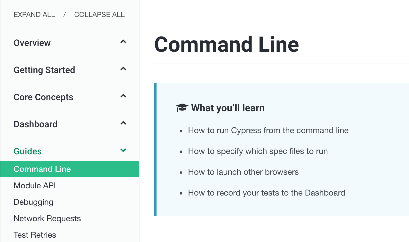 Cypress Command Line Guide starts with "What you will learn" section