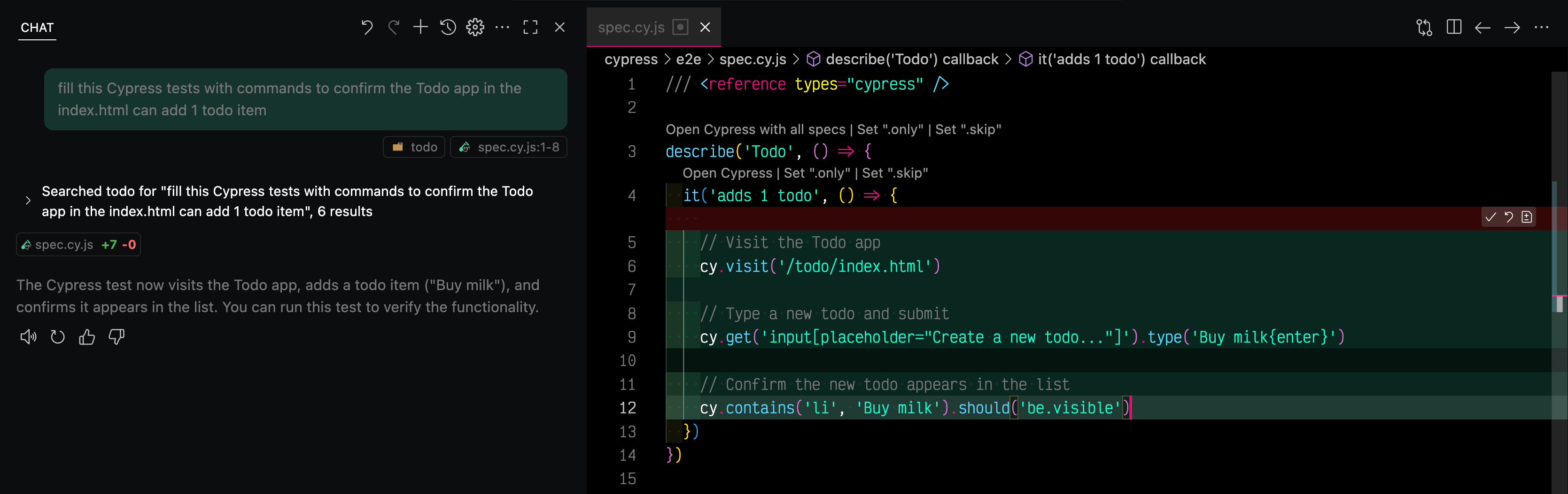 GitHub Copilot prompt to write a test with the generated result