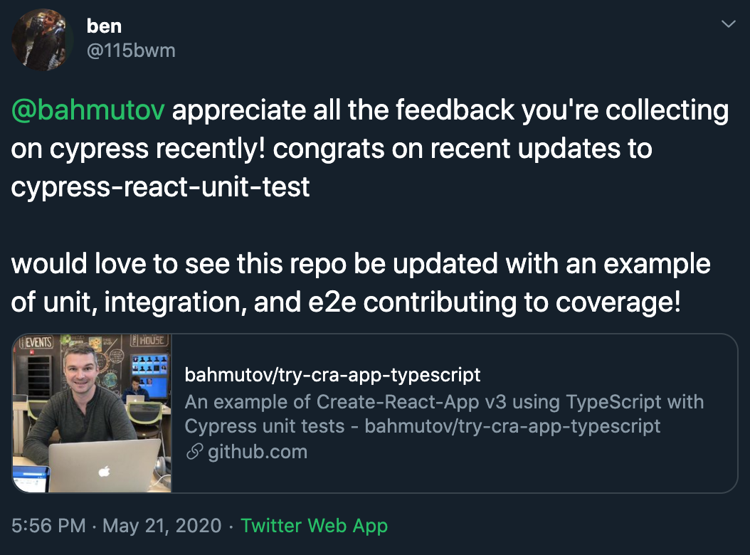 Tweet asking to update try-cra-app-typescript