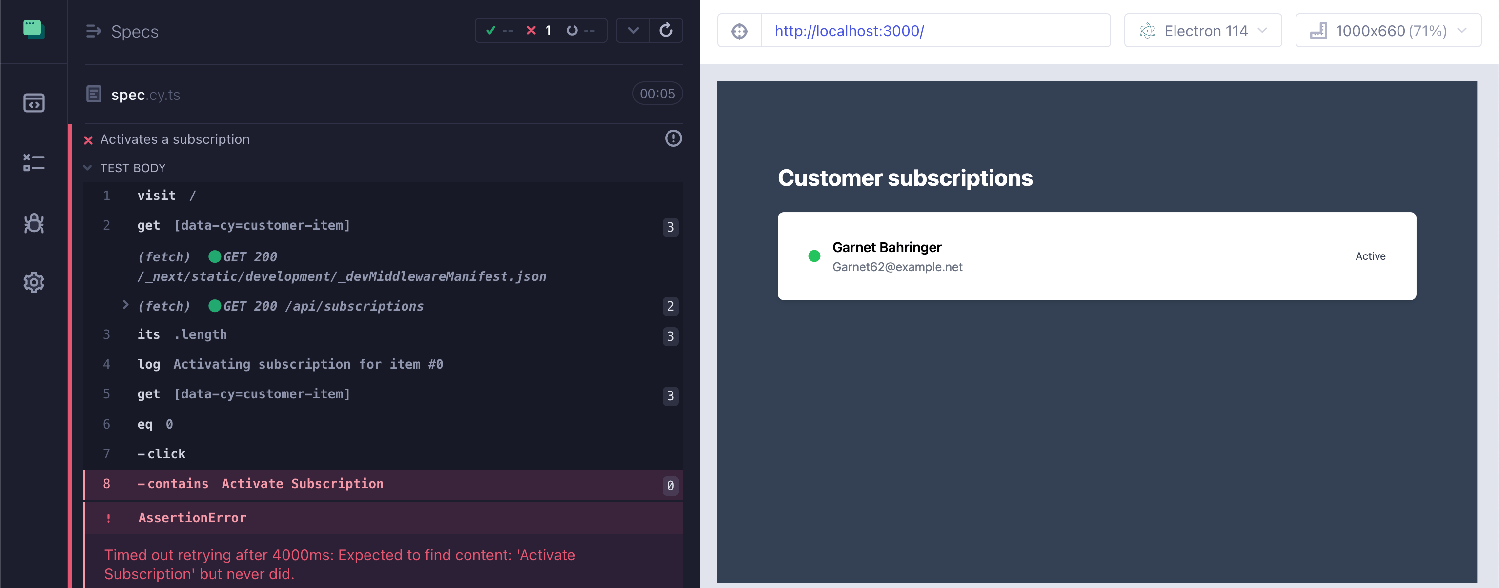 The test fails to activate the subscription