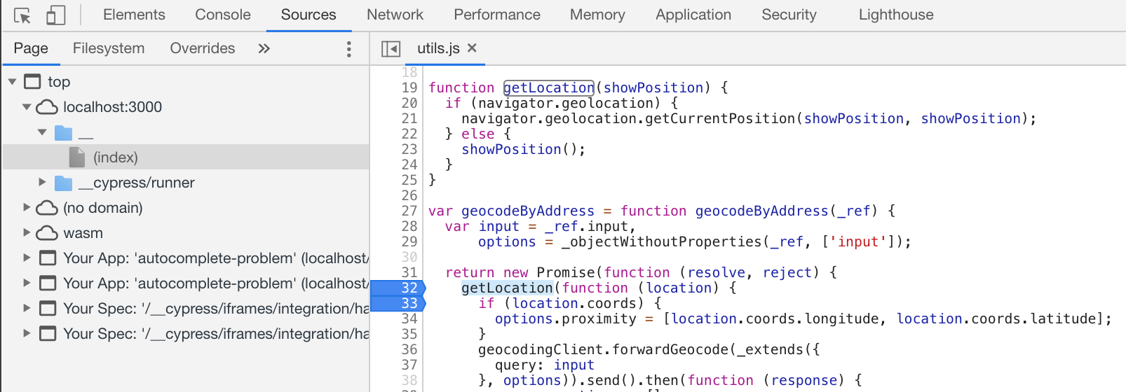 Function getLocation returns location using the browser API