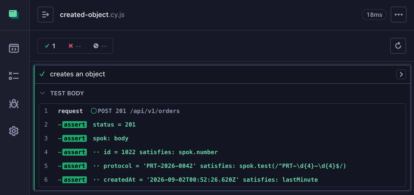 Testing response object using cy-spok