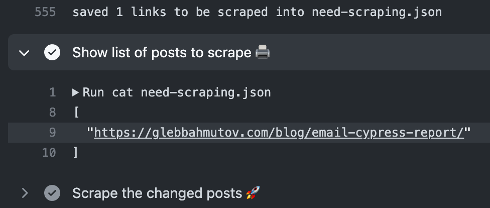 The saved JSON file lists a single blog post URL that needs scraping