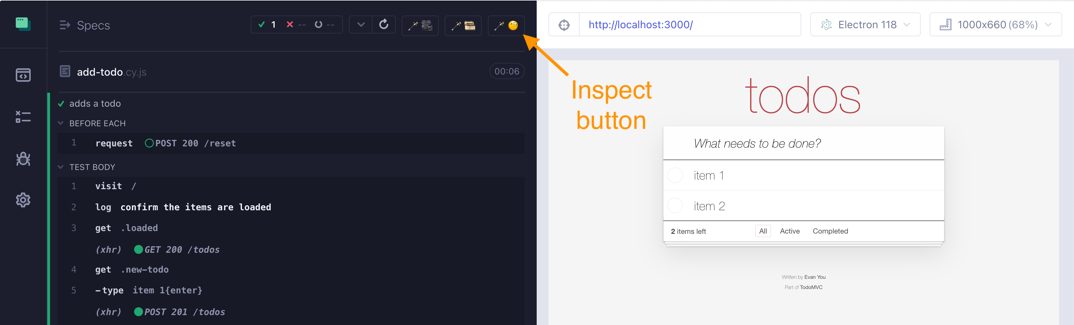 This blog post shows the Inspect button from the cypress-magic-backend plugin