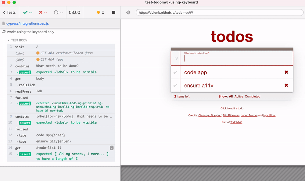The test navigates using Tab and completes the first todo