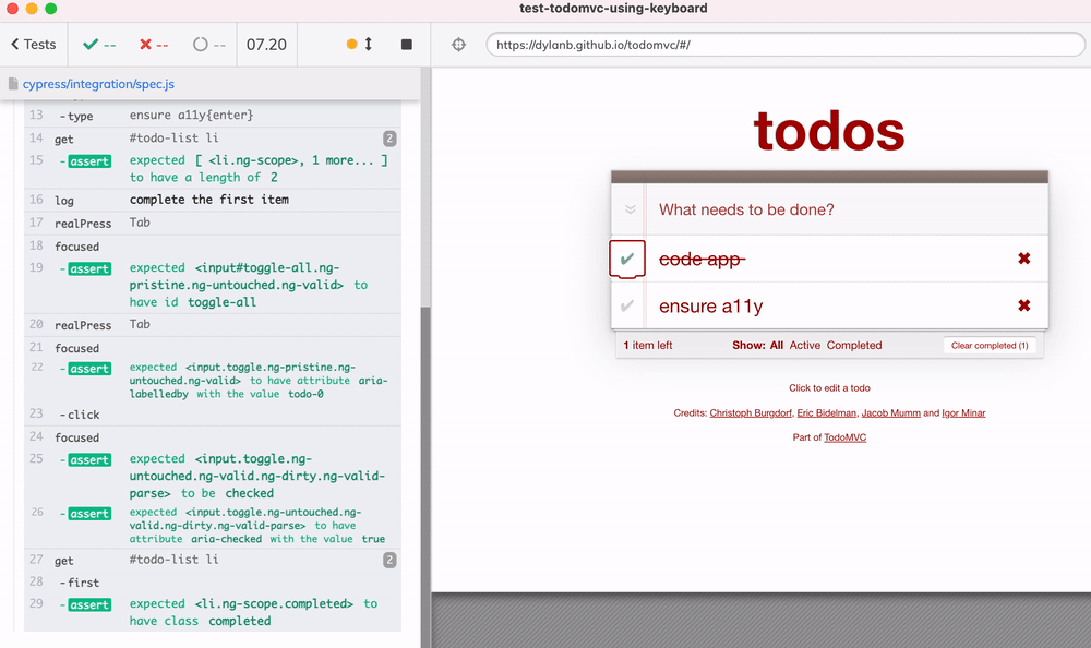 The test deletes the first todo