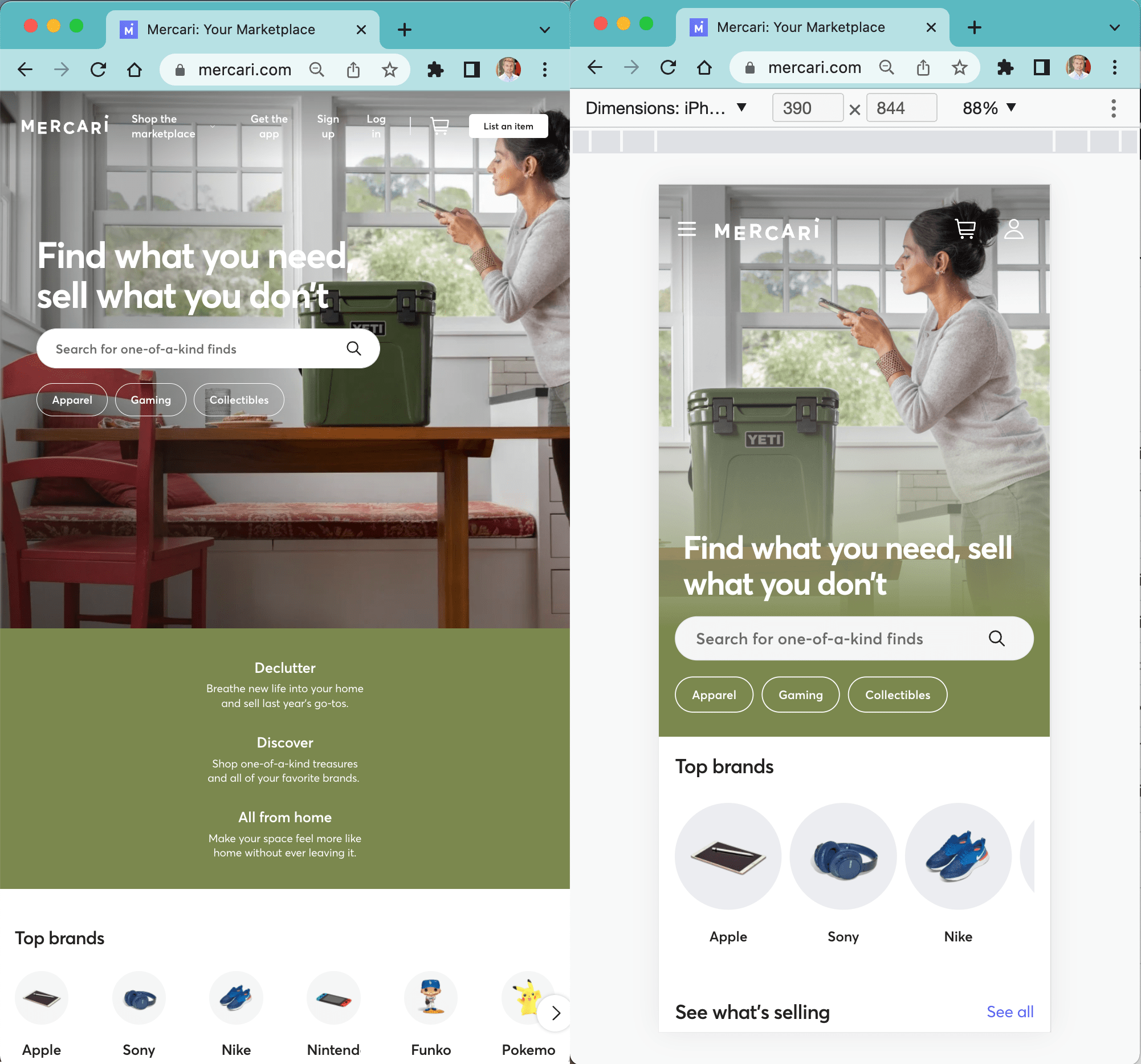 Responsive web vs mobile emulation Mercari home page