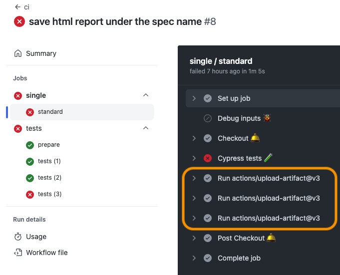 The reusable workflow standard saves the test artifacts including the Mochawesome reports