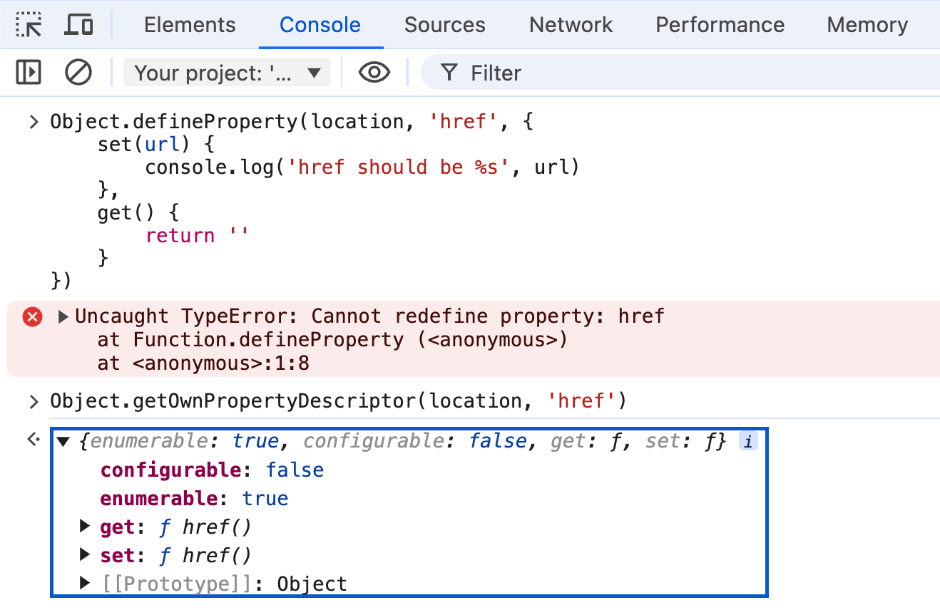 Trying to redefine location.href property fails