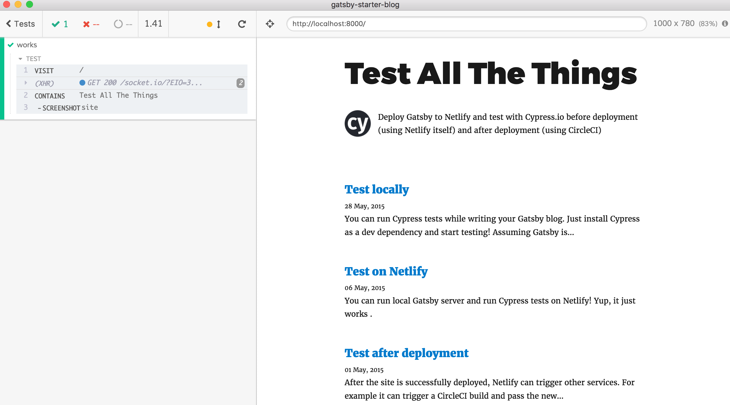 Cypress test against the blog post (running locally)