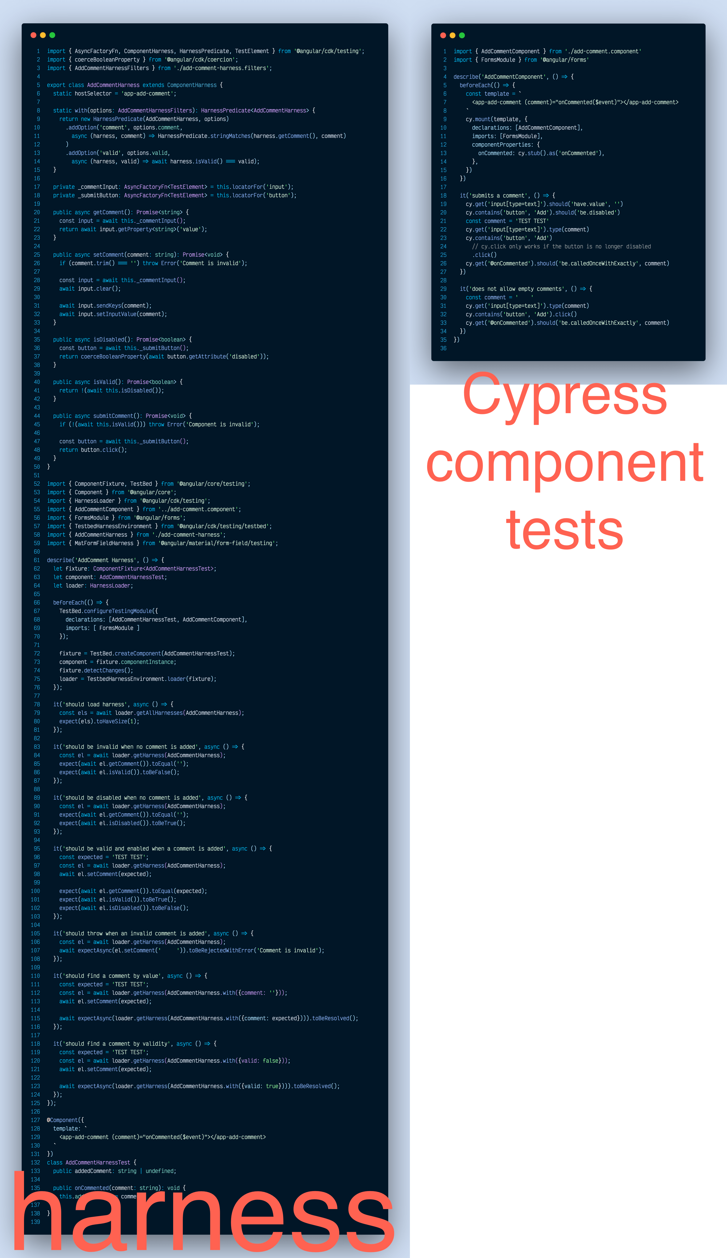 Test harness tests vs Cypress component tests for AddComment component