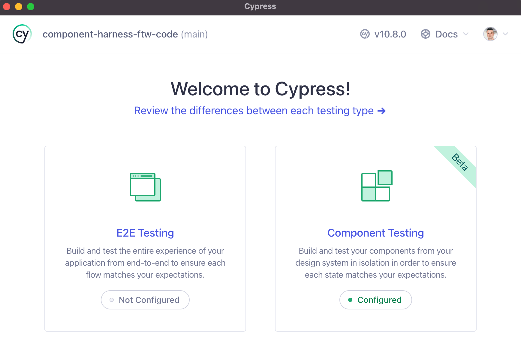 Cypress E2E and Component Test intro screen