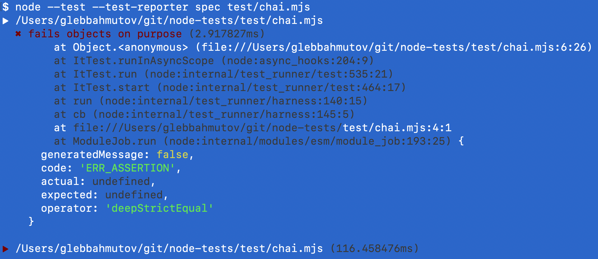 node:test plus Chai object assertion