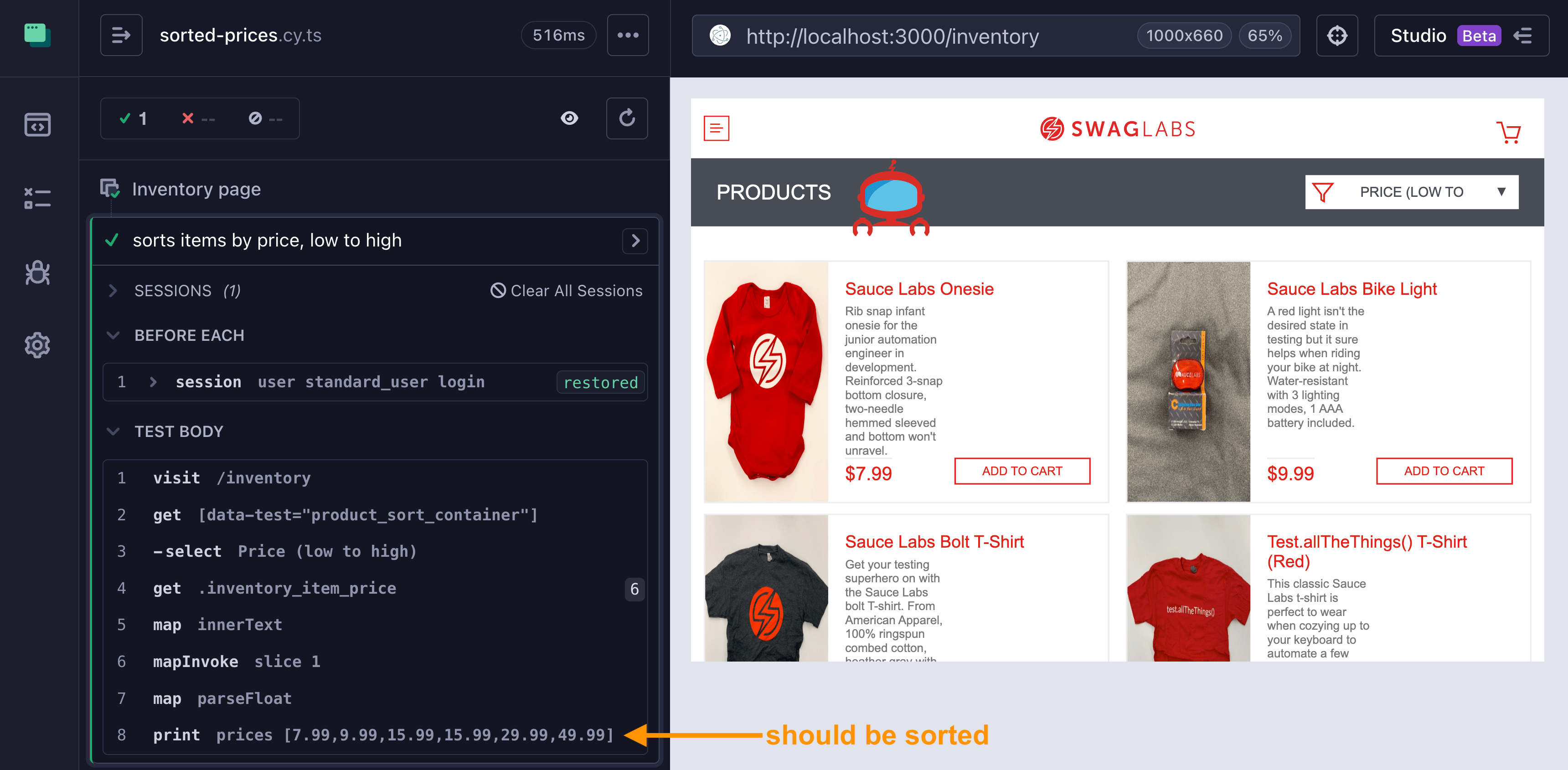 Inventory prices sorted low to high