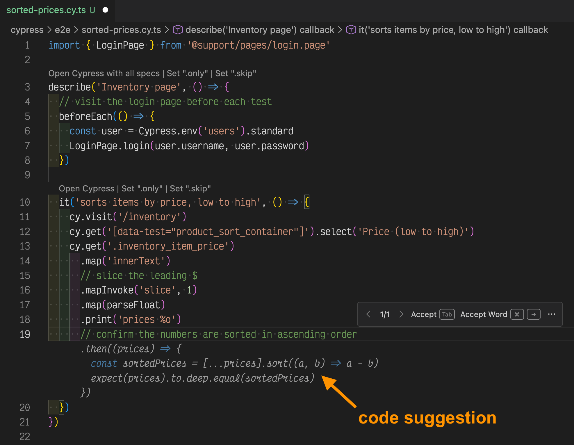 Copilot suggestion to check sorted prices