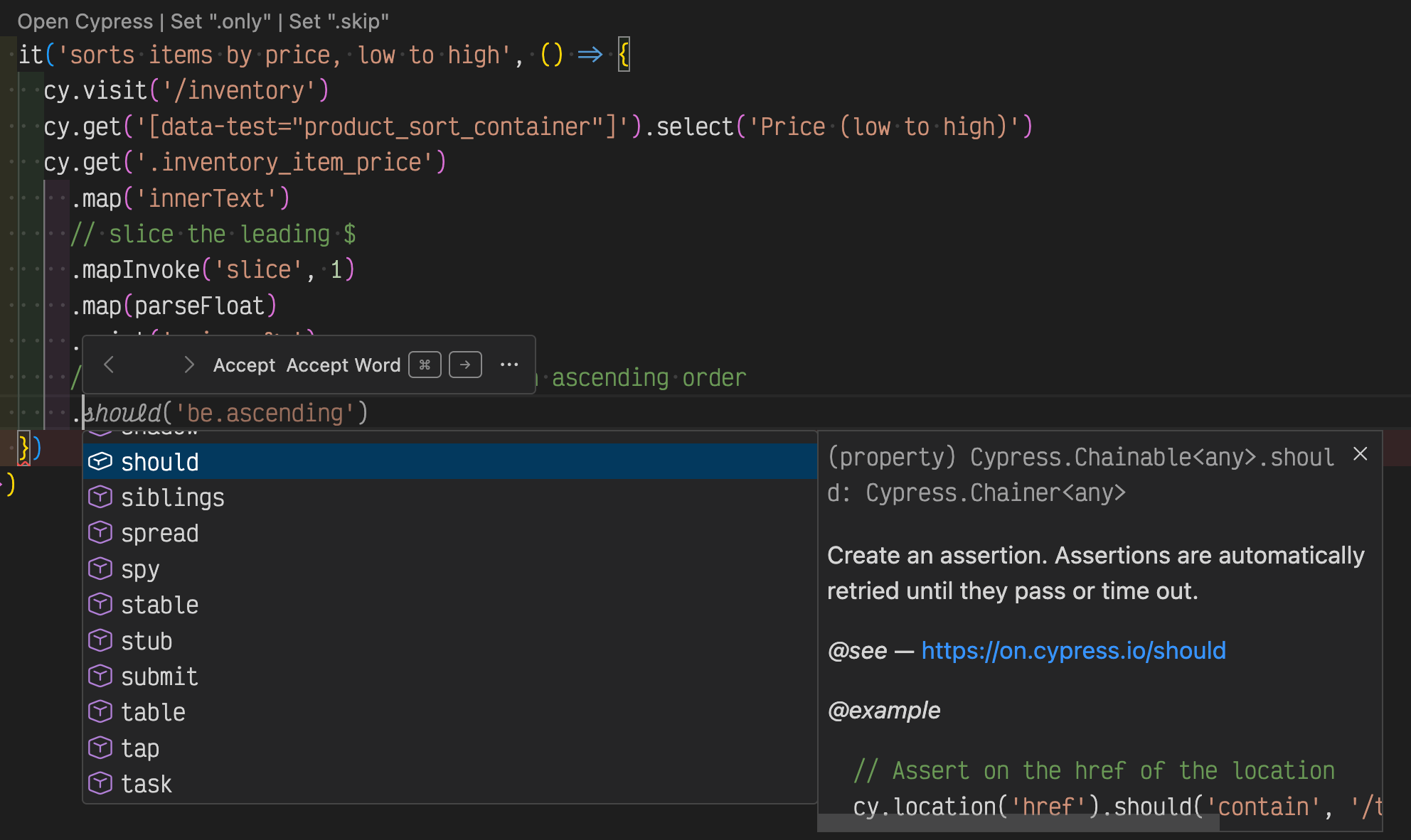 Copilot suggestion uses chai-sorted