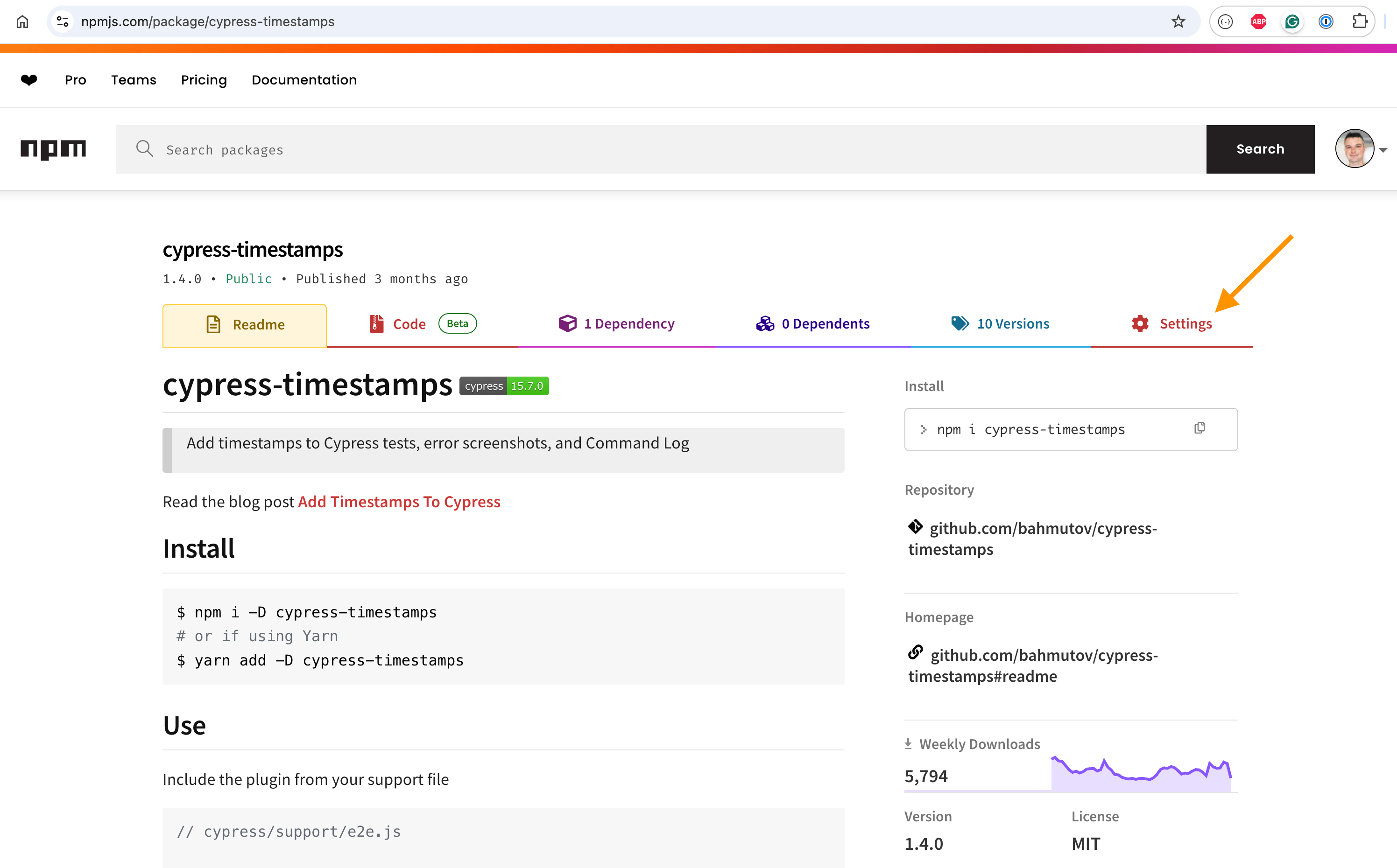 cypress-timestamps settings on NPM registry