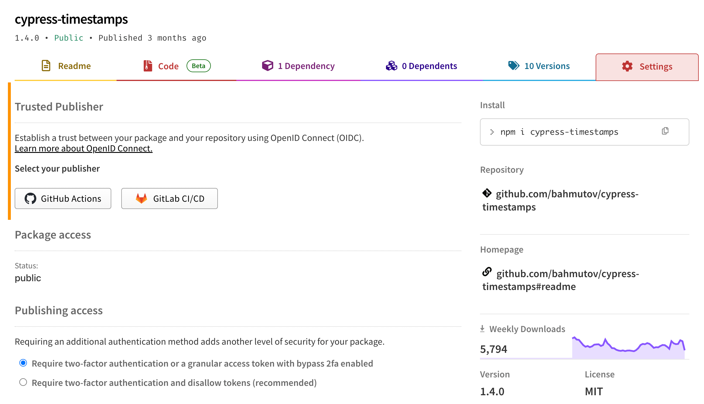 Package settings includes trusted publishing config