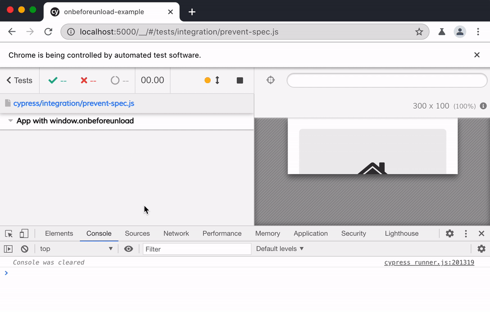 DevTools shows that the browser skips the confirmation popup