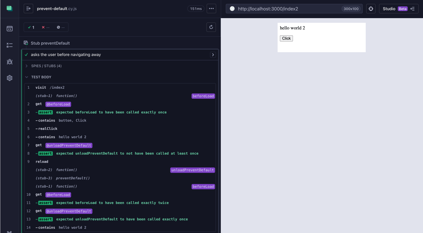 Test that stubs the preventDefault method