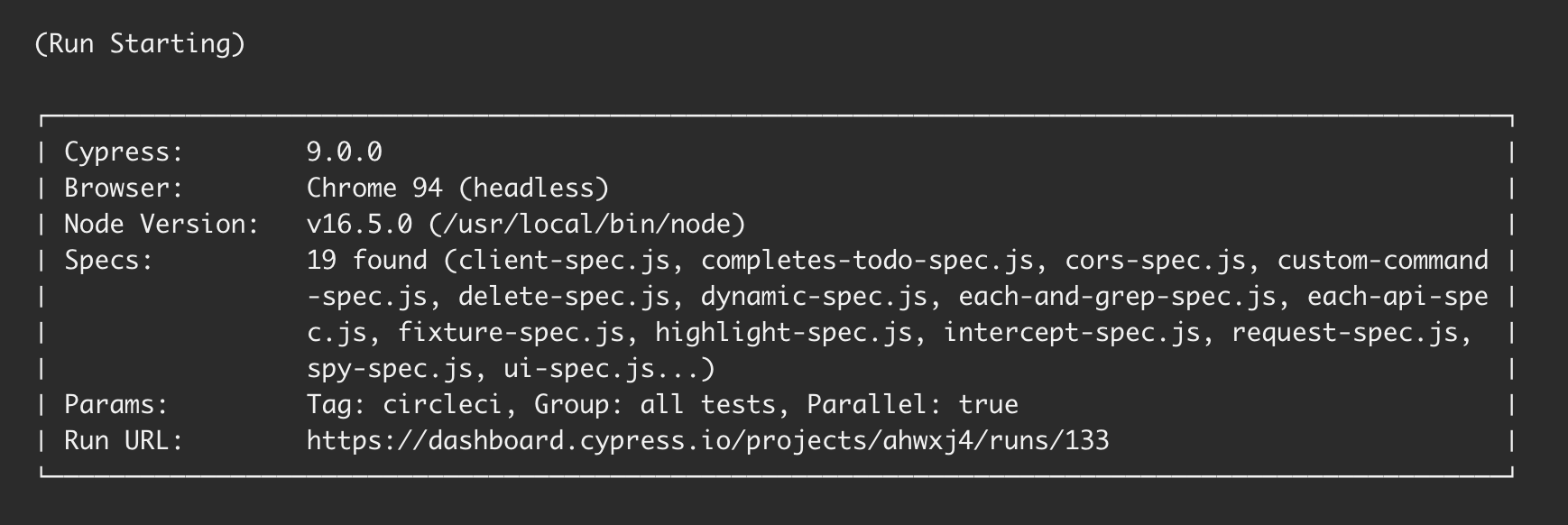 Cypress starts the test run