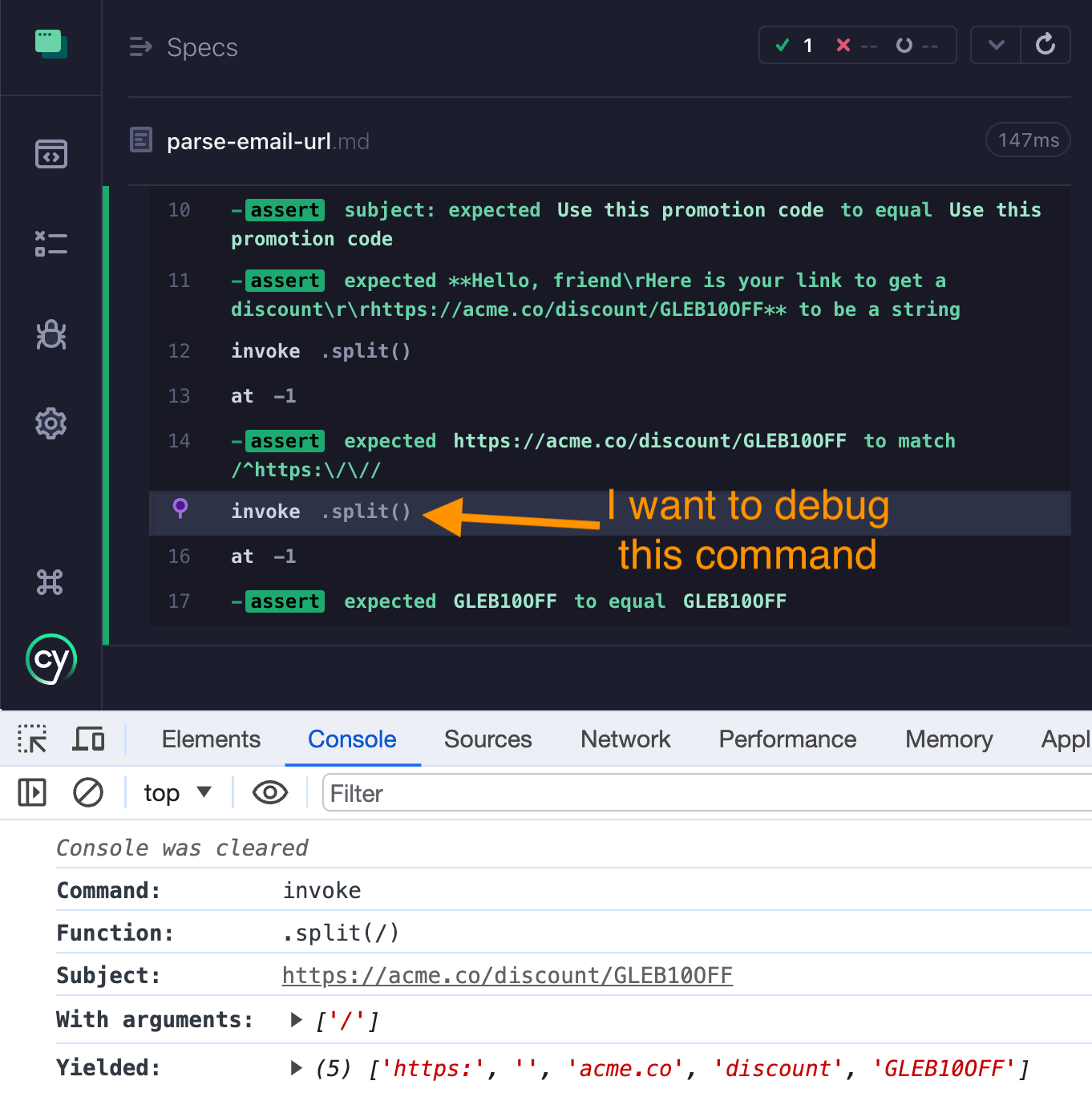 Debugging the cy.invoke "split" command