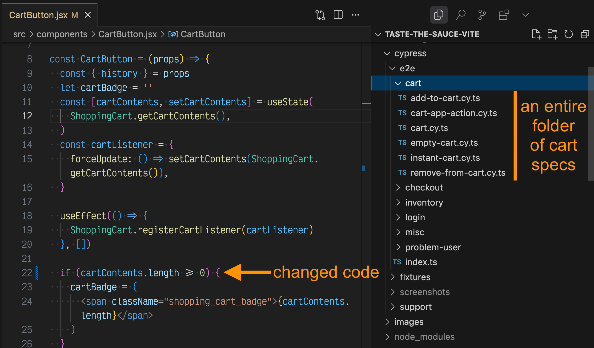 Several spec files cover the cart components and flows