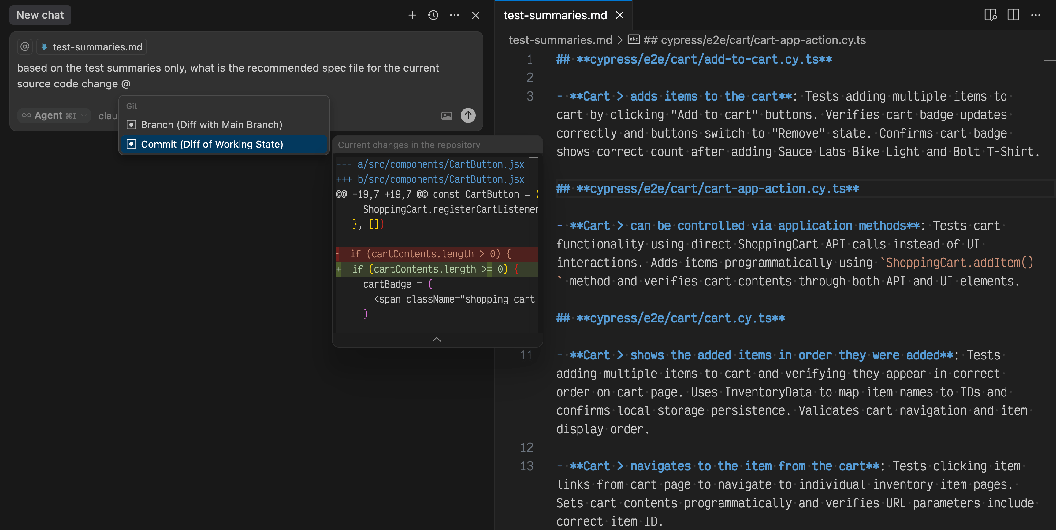Prompt to pick the test based on the test summaries and the current code change