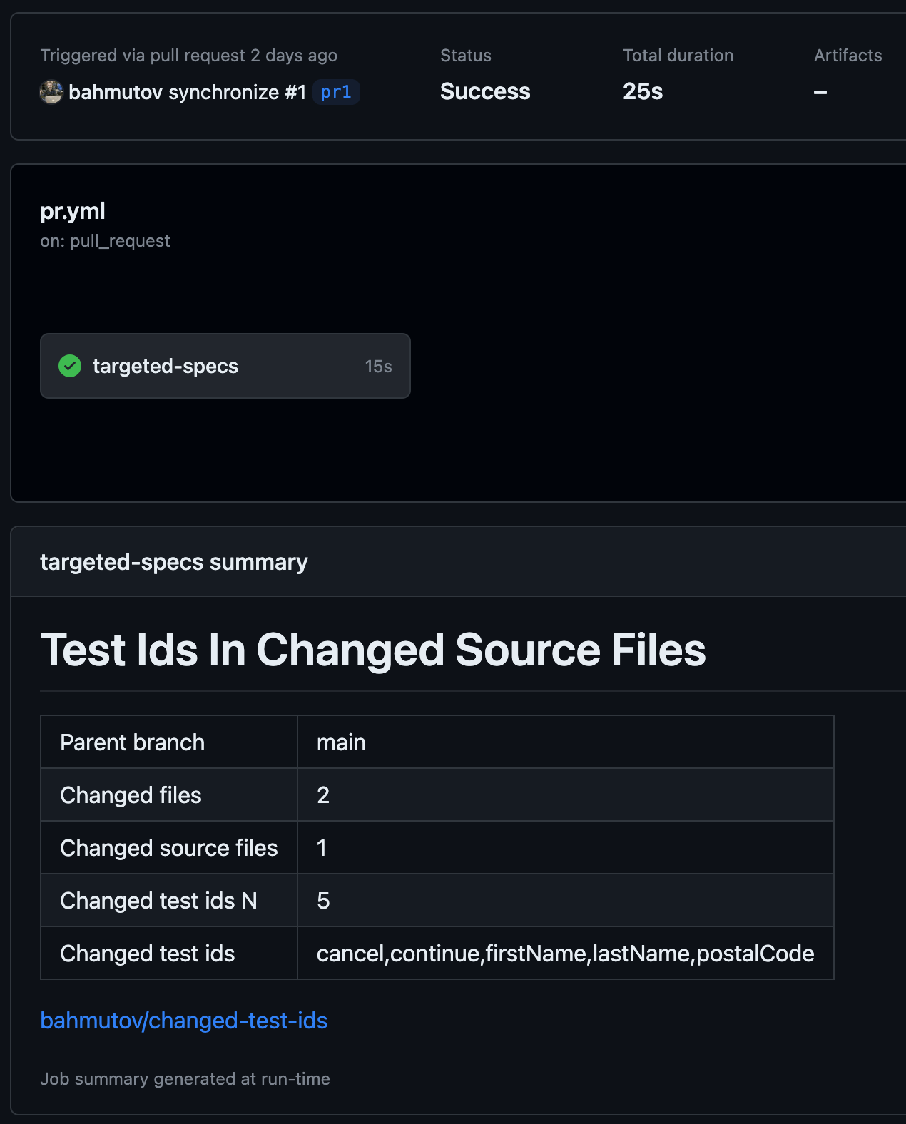 The found test ids are written to the action summary