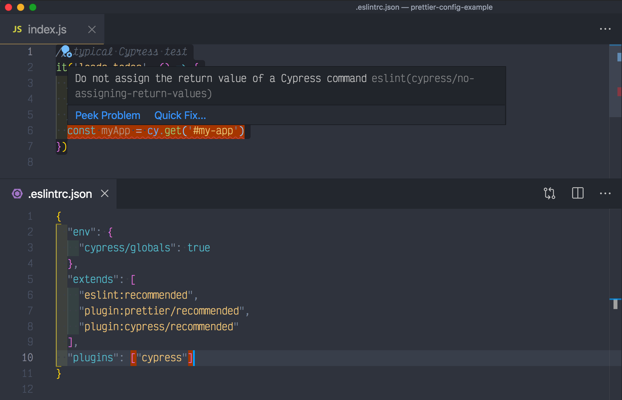 ESLint shows Cypress error