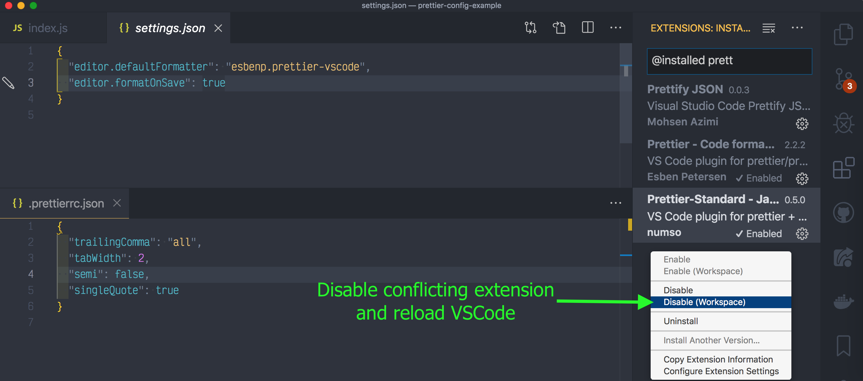 Disabling Prettier-Standard extension