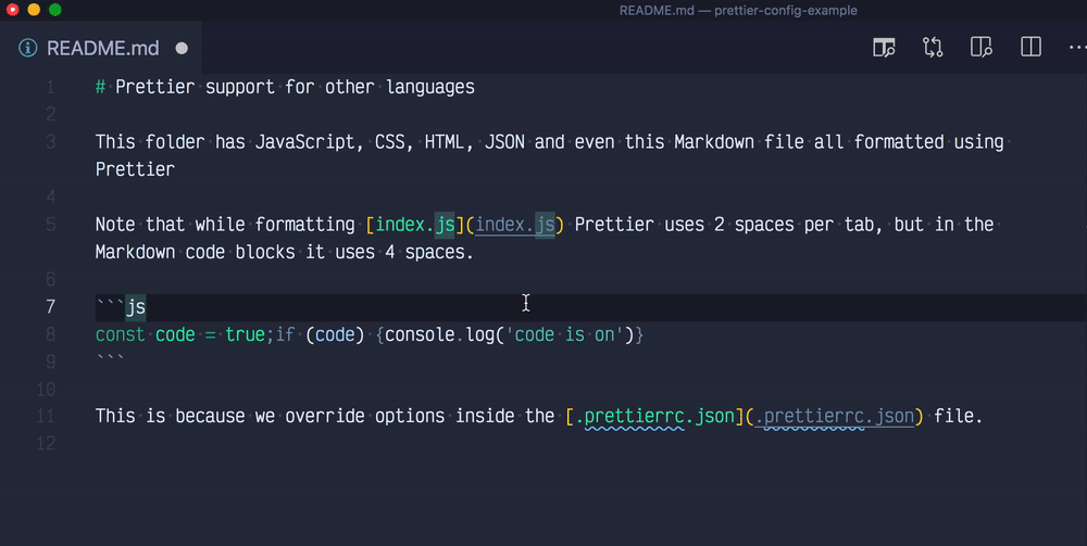 Format code blocks inside Markdown files