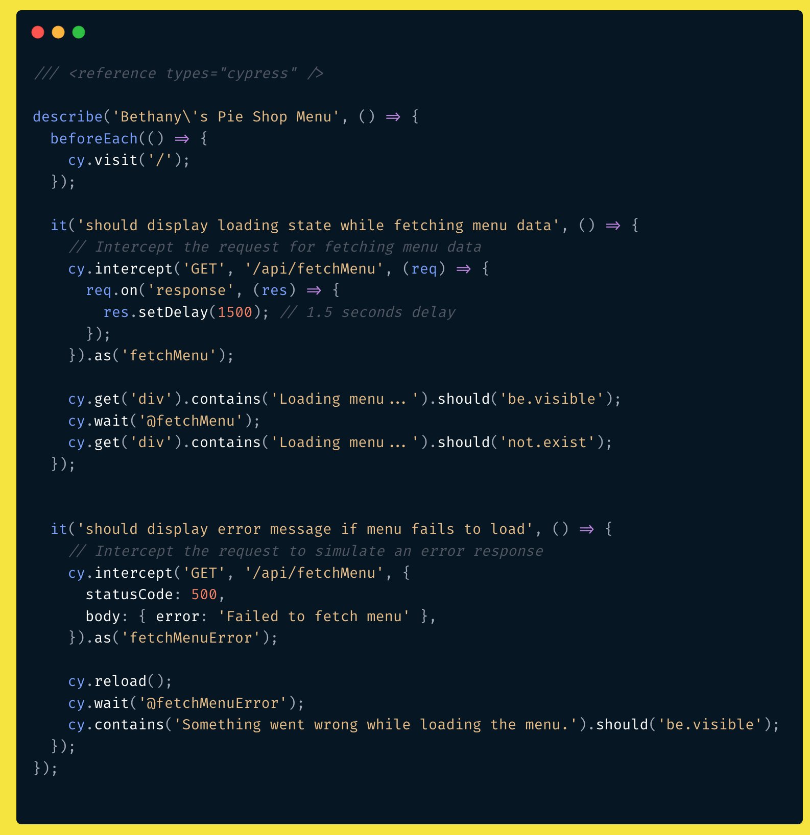 Two Cypress tests using cy.intercept command