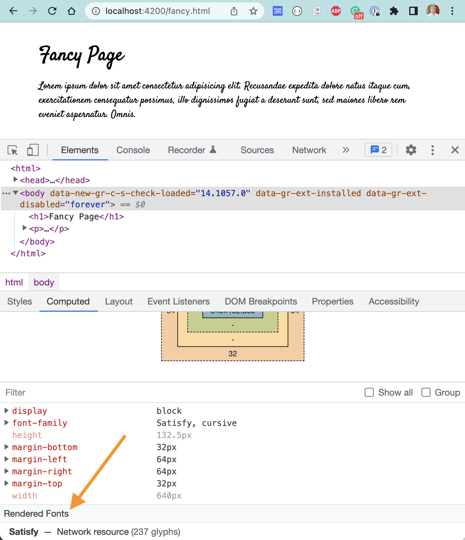 The DevTools shows the current rendered font name