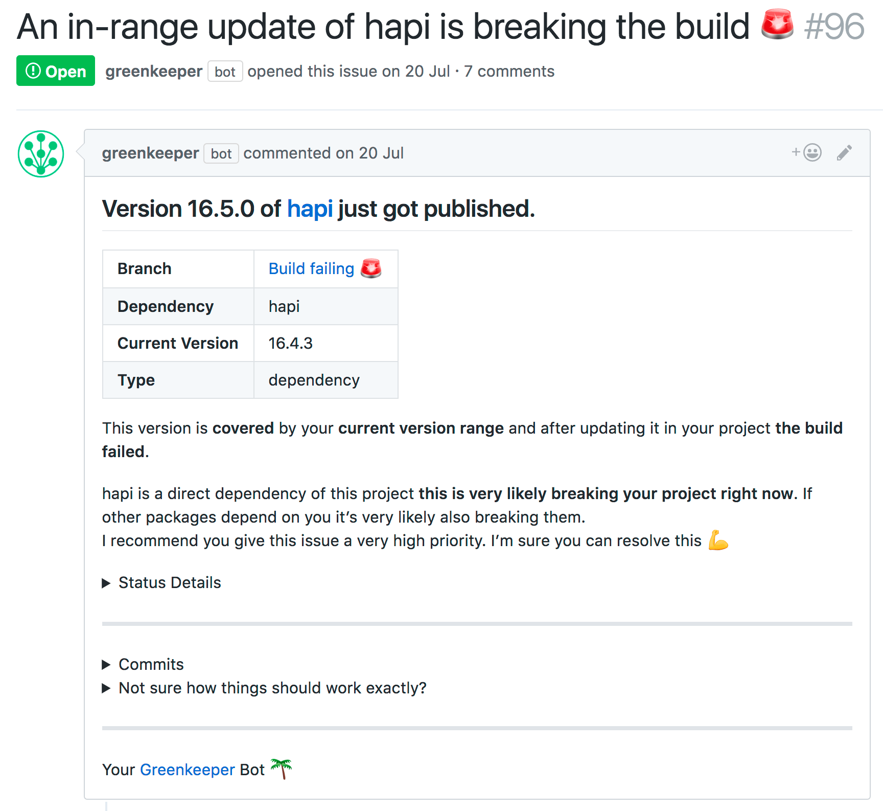 A typical pull request from Greenkeeper.io