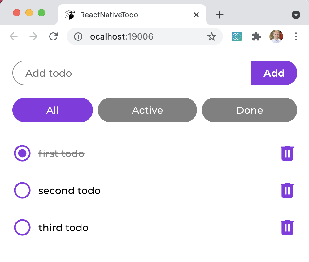 ReactNative Todo app running in the browser