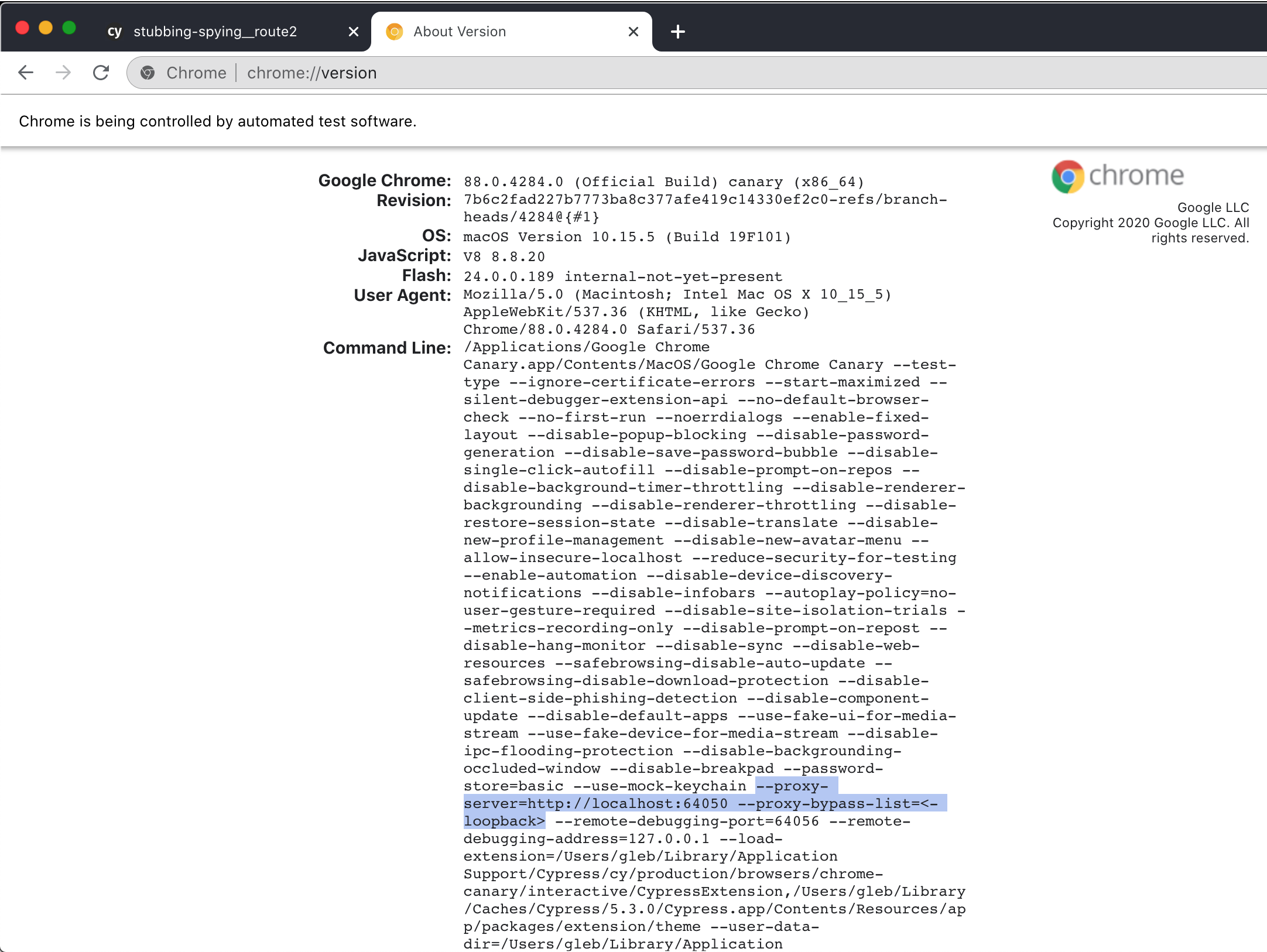 Cypress launches Chrome browser with proxy command line switch pointing back at the Cypress app