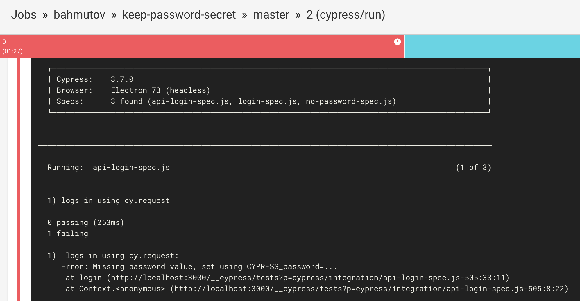 Run fails because we have not set CYPRESS_password yet