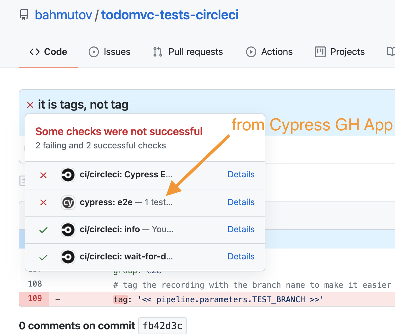 A new commit status check appears in the test repo