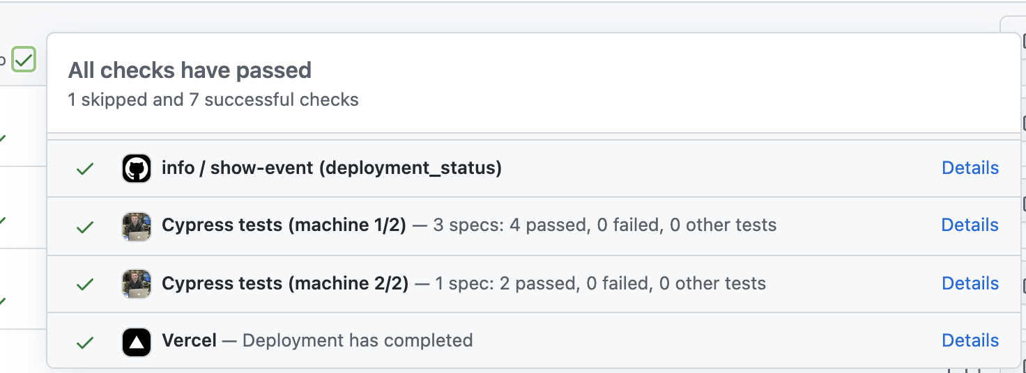 The tests statuses in the app repo