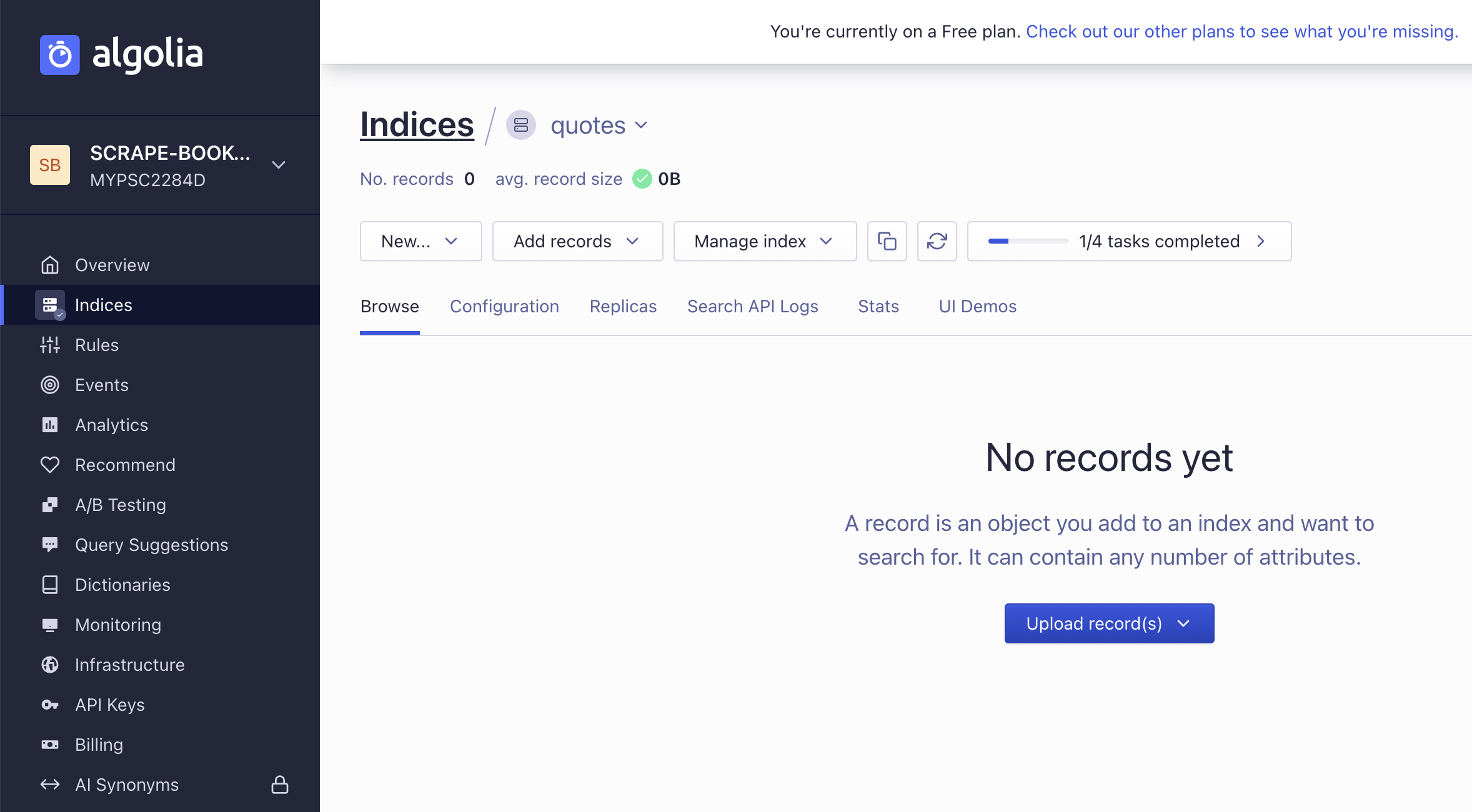 Algolia application with its new index