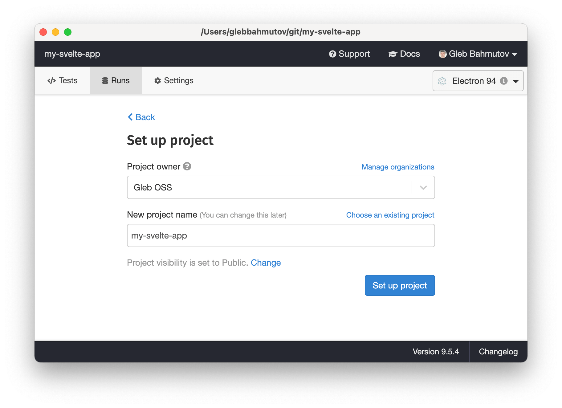 Picking the Dashboard organization to record the project to