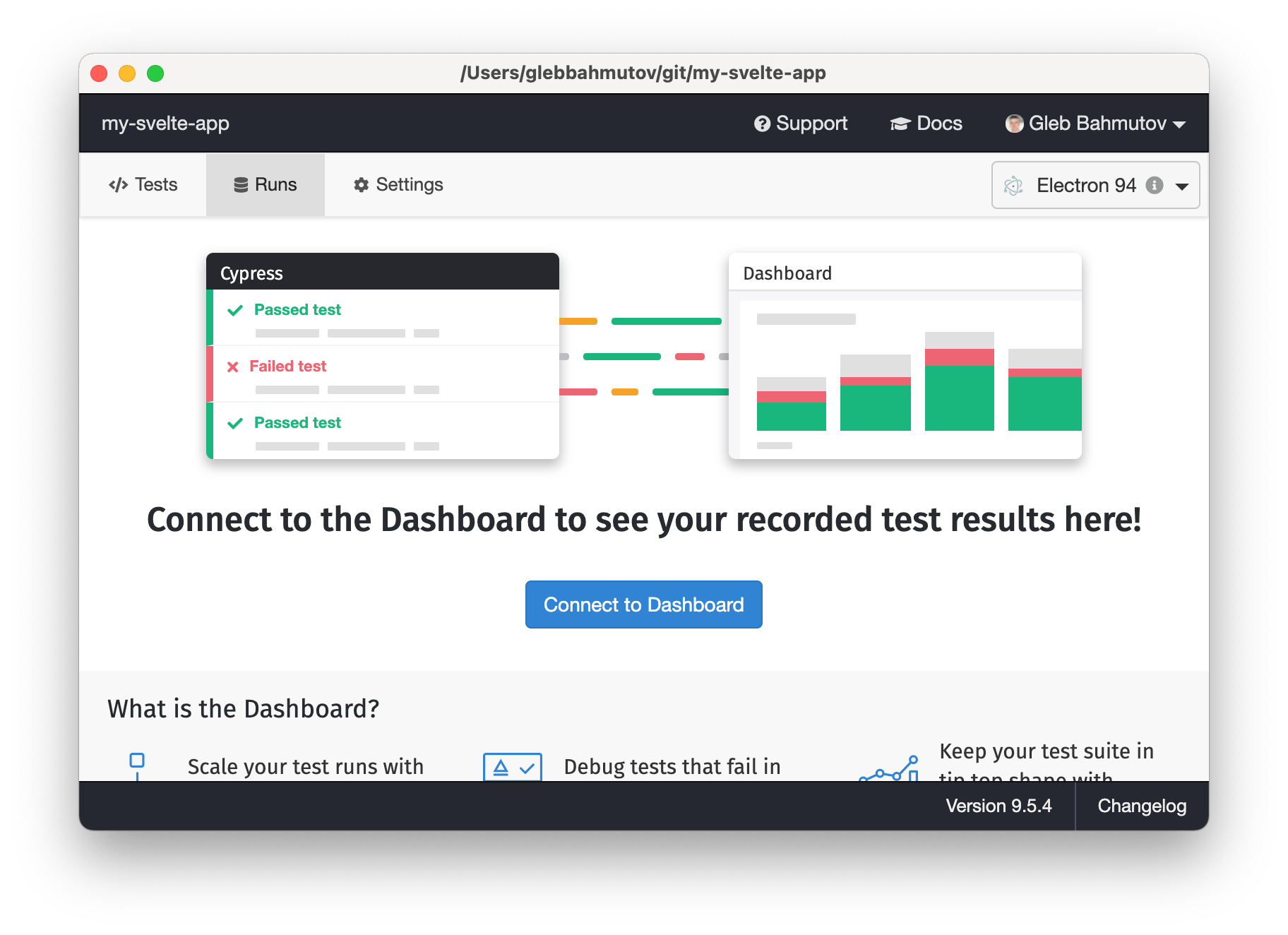 Cypress Desktop GUI "Runs" tab