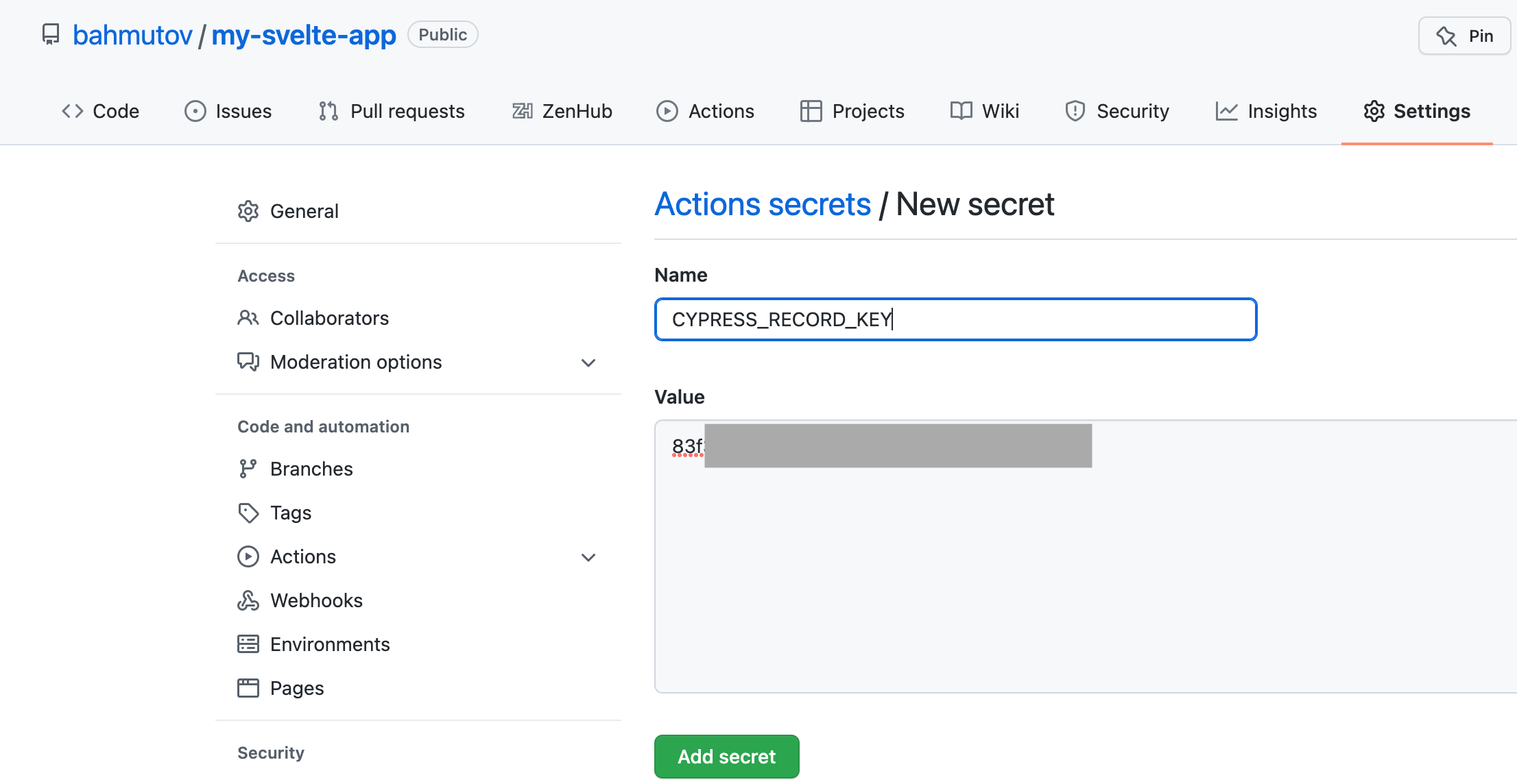 Set the record key as a repo Actions secret