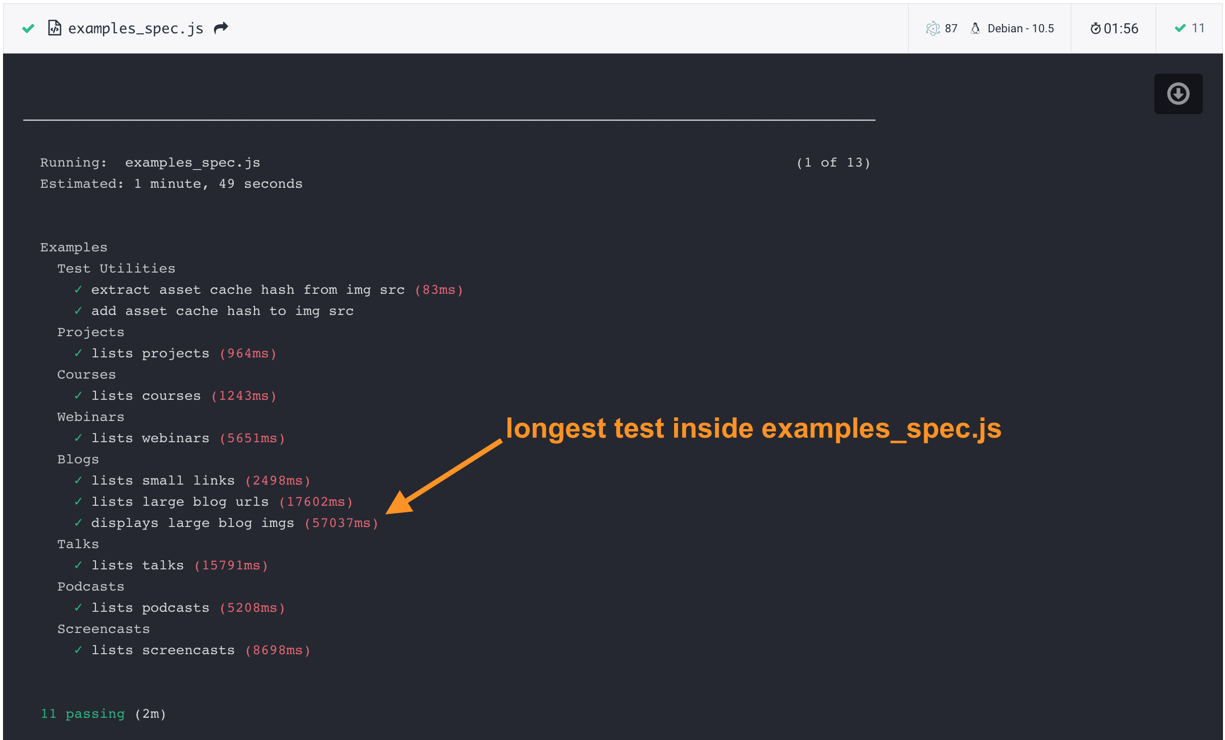 The individual tests inside the examples_spec.js and their duration
